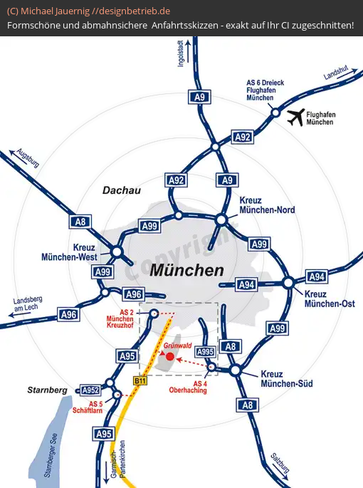 Anfahrtsskizzen erstellen / Anfahrtsskizze München (Übersichtskarte Großraum München)   Büro Rickert GmbH