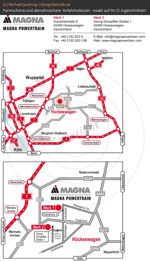 Anfahrtsskizzen erstellen / Anfahrtsskizze Hückeswagen (Übersichtskarte und Detailkarte)   MAGNA Powertrain