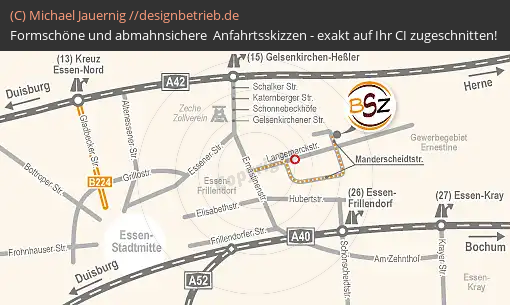 Anfahrtsskizzen erstellen / Anfahrtsskizze Essen Manderscheidtstraße 90 Anfahrtskarte mit dynamischen Maßstäben  BSZ Keramikbedarf GmbH